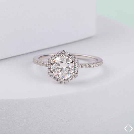 Round Cut Moissanite Unique Hexagon Halo Retro Classic Proposal Ring