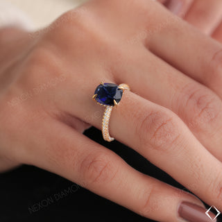 Elongated Cushion Cut Blue Sapphire Gemstone Hidden Halo Engagement Ring