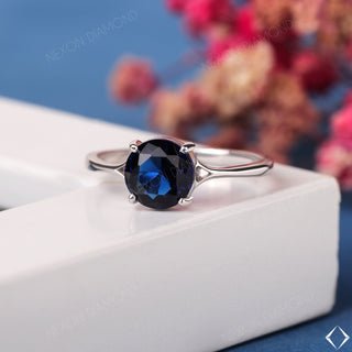 10K White Gold Round Cut Blue Sapphire Gemstone Solitaire Engagement Ring