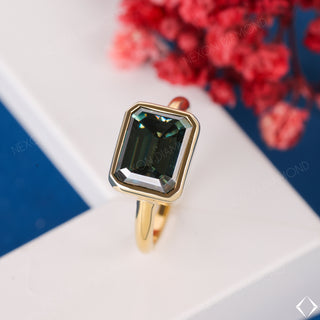 Green Emerald Cut Yellow Gold Bezel Set One Diamond Engagement Ring