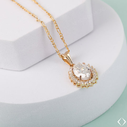 Oval Cut Moissanite Halo 14K Solid Gold Pendant Engagement Elegant Necklace