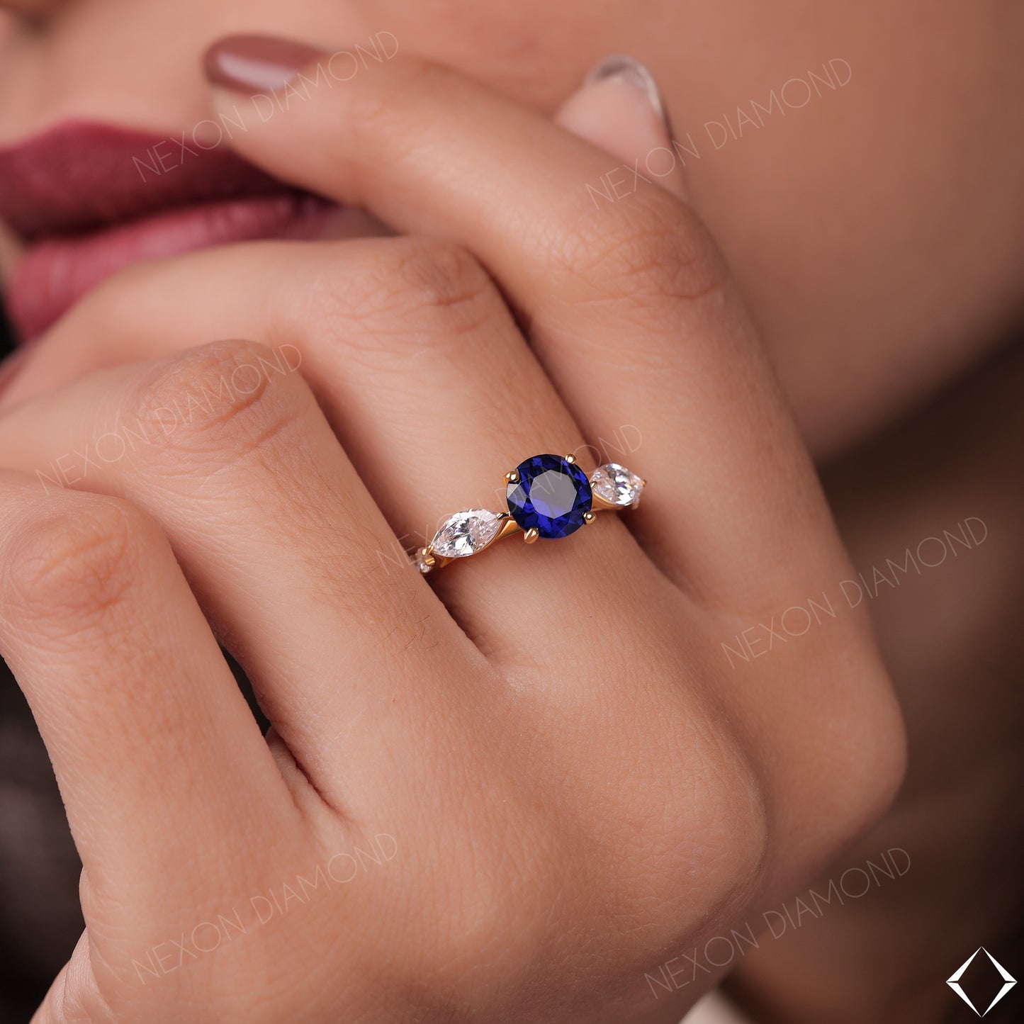 Blue Sapphire Gemstone Round And Marquise Cut Three Stone  Stacking Matching Ring