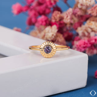 Antique Amethyst Round Cut Bezel Engagement Minimalist Purple Gemstone Solitaire Ring