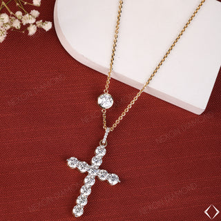 Round Cut Diamond Cross Religious Pendant Solid Gold Chain With 1 Ct Diamond Chain