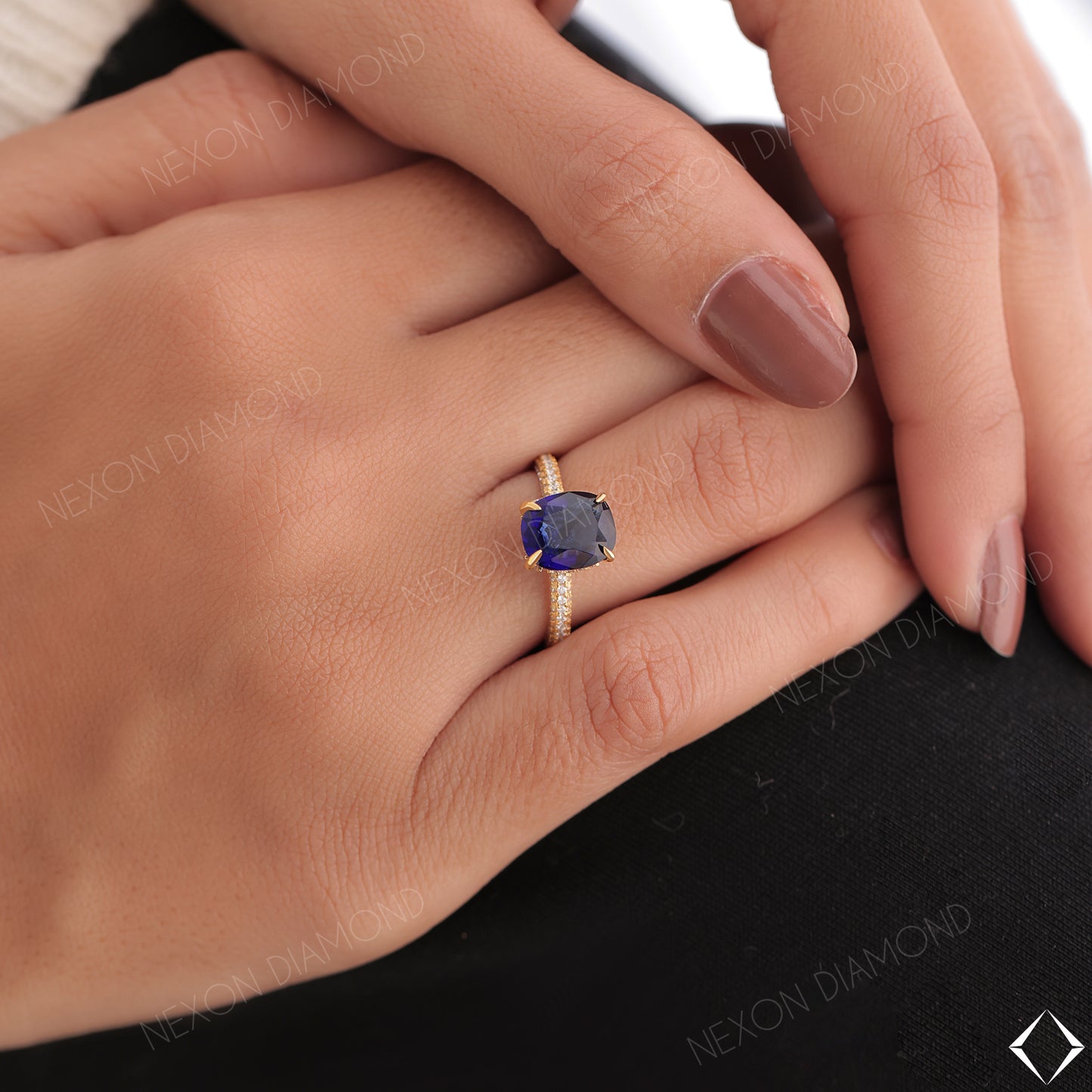 Elongated Cushion Cut Blue Sapphire Gemstone Hidden Halo Engagement Ring