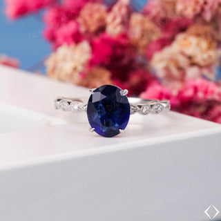 Art Deco Oval Cut Blue Sapphire Gemstone Vintage Mil Grain Set September Birthstone Ring