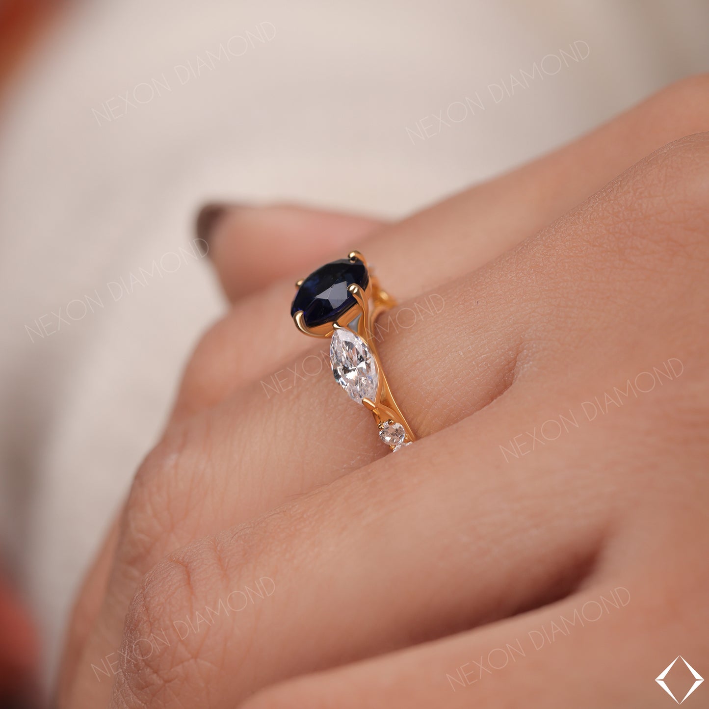 Blue Sapphire Gemstone Round And Marquise Cut Three Stone  Stacking Matching Ring