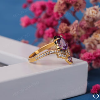 Pear Shaped Purple Amethyst Gemstone Art Deco Chevron Diamond Tiara Style Wedding Ring