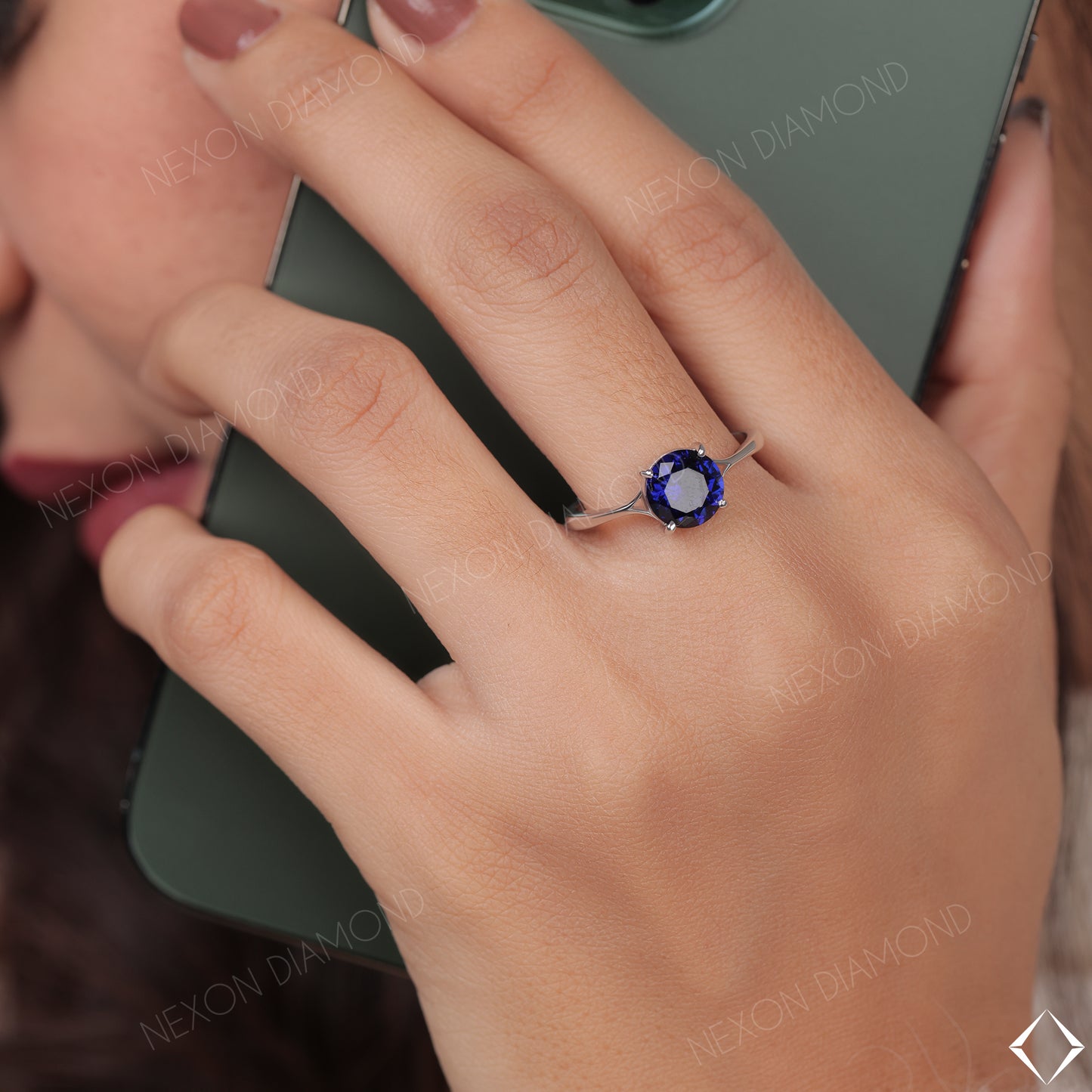 10K White Gold Round Cut Blue Sapphire Gemstone Solitaire Engagement Ring