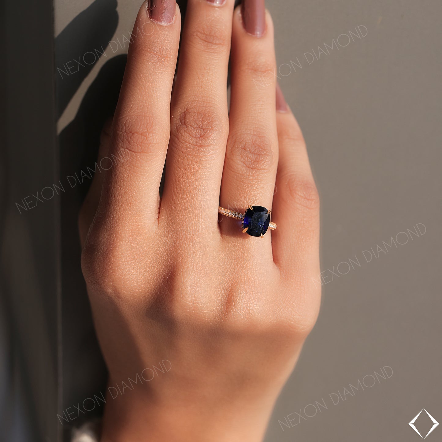 Elongated Cushion Cut Blue Sapphire Gemstone Hidden Halo Engagement Ring