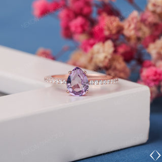18K Solid Rose Gold Pear Cut Amethyst Gemstone Half Eternity Engagement Ring