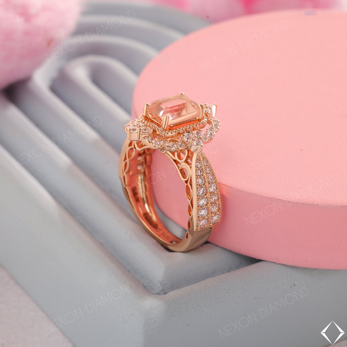 Vintage Style Emerald Cut Peach Morganite Gemstone Cluster Engagement Ring