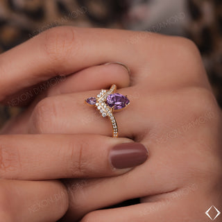 Pear Shaped Purple Amethyst Gemstone Art Deco Chevron Diamond Tiara Style Wedding Ring