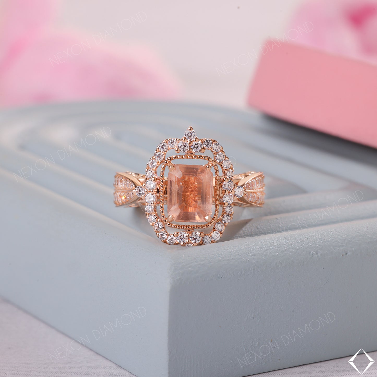 Vintage Style Emerald Cut Peach Morganite Gemstone Cluster Engagement Ring