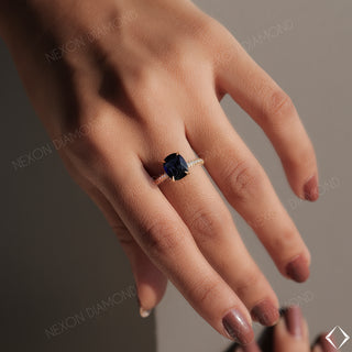 Elongated Cushion Cut Blue Sapphire Gemstone Hidden Halo Engagement Ring