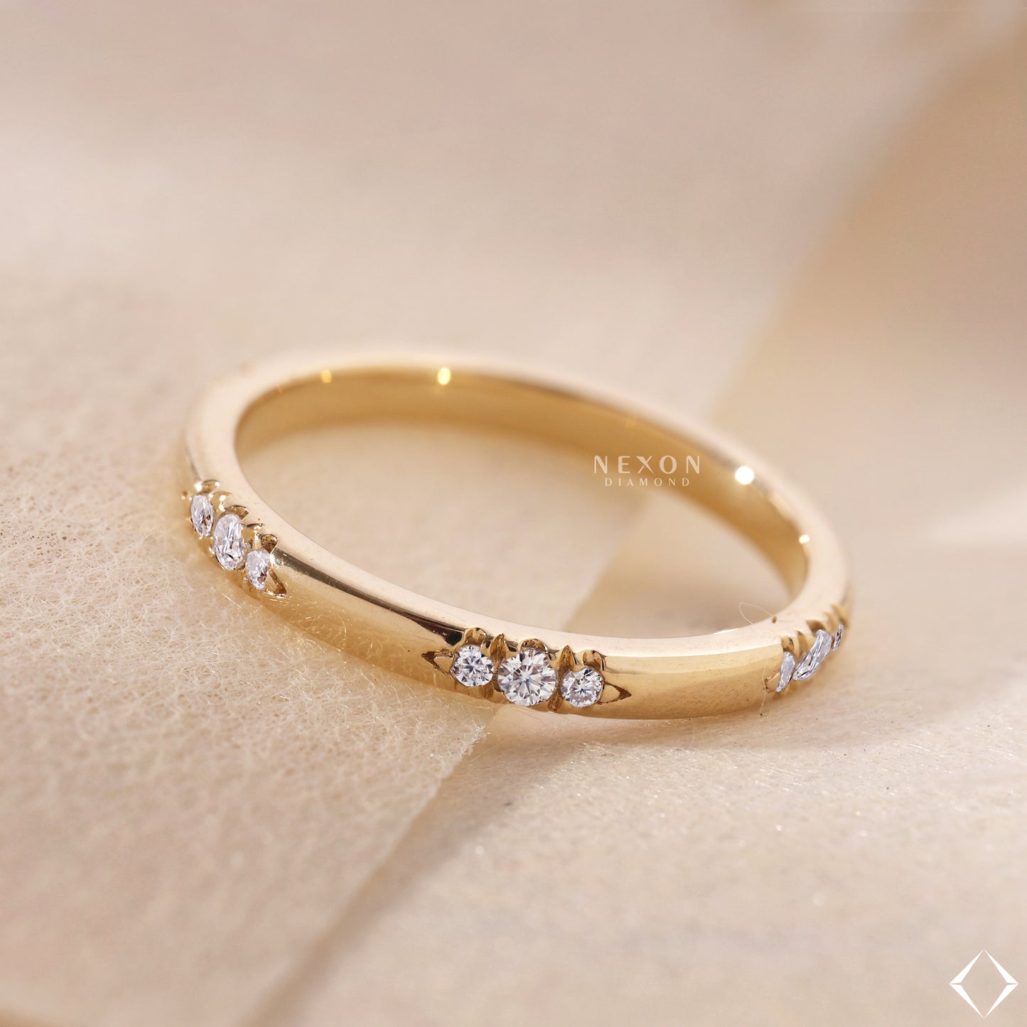 Flush Set Eternity Band Round Cut Colorless Diamond Wedding Band Thin Stacking Bridal Band