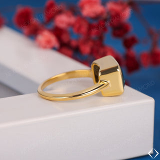 Green Emerald Cut Yellow Gold Bezel Set One Diamond Engagement Ring