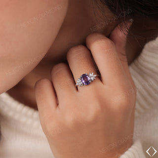 Oval Cut Amethyst Gemstone Marquise Accents Cluster February Birthstone Ring