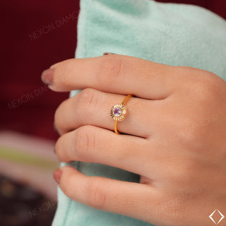 Antique Amethyst Round Cut Bezel Engagement Minimalist Purple Gemstone Solitaire Ring