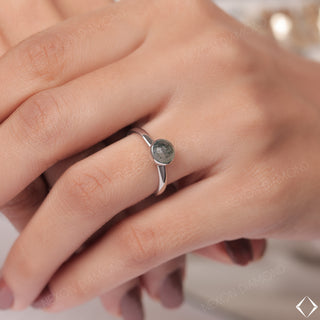 Moss Agate Gemstone Bezel Set One Diamond Solitaire Unique Proposal Ring