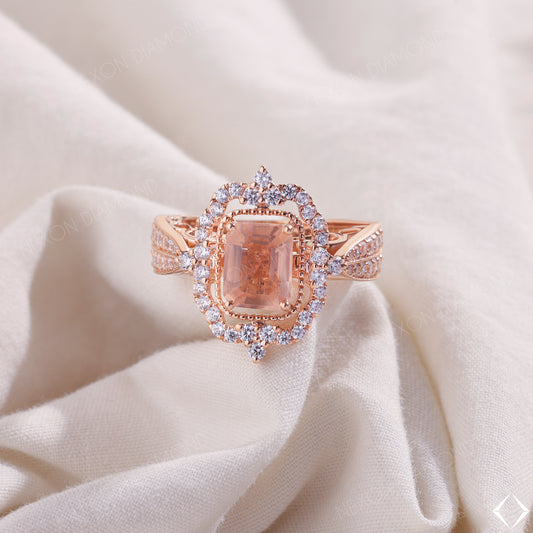 Vintage Style Emerald Cut Peach Morganite Gemstone Cluster Engagement Ring