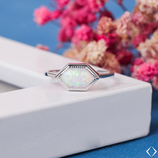 Elongated Hexagon Solitaire Horizontal Unique Rainbow Moonstone Geometric Bezel Set Promise Ring