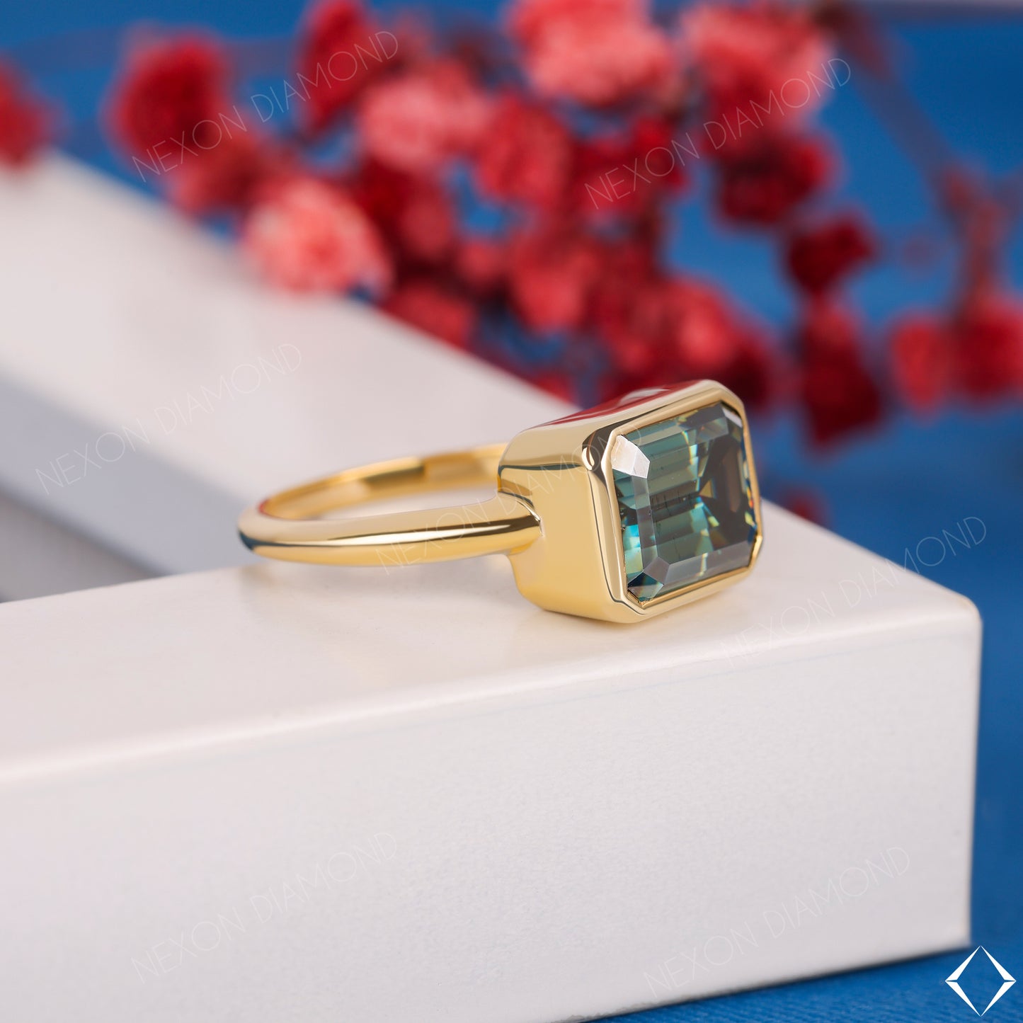 Green Emerald Cut Yellow Gold Bezel Set One Diamond Engagement Ring