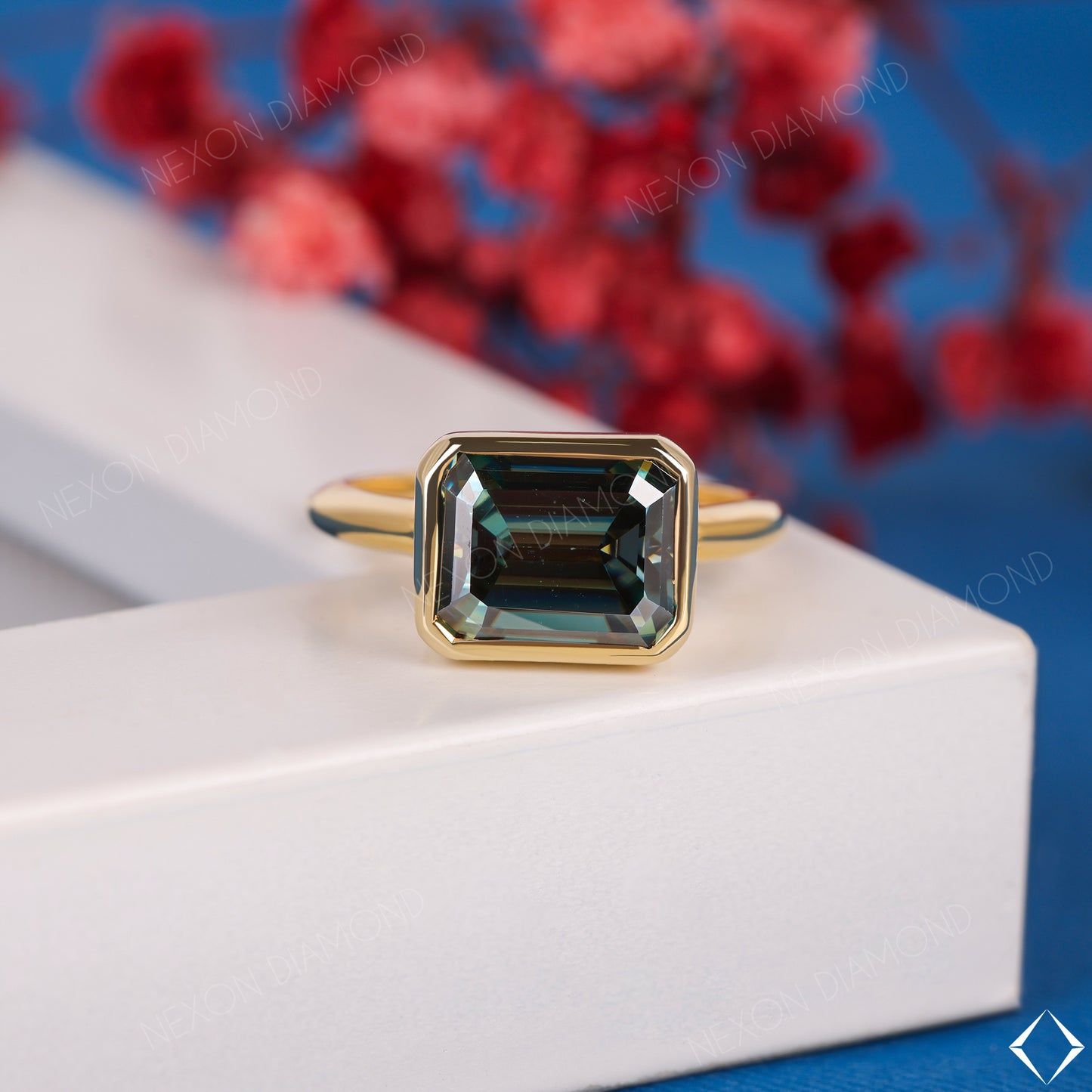 Green Emerald Cut Yellow Gold Bezel Set One Diamond Engagement Ring