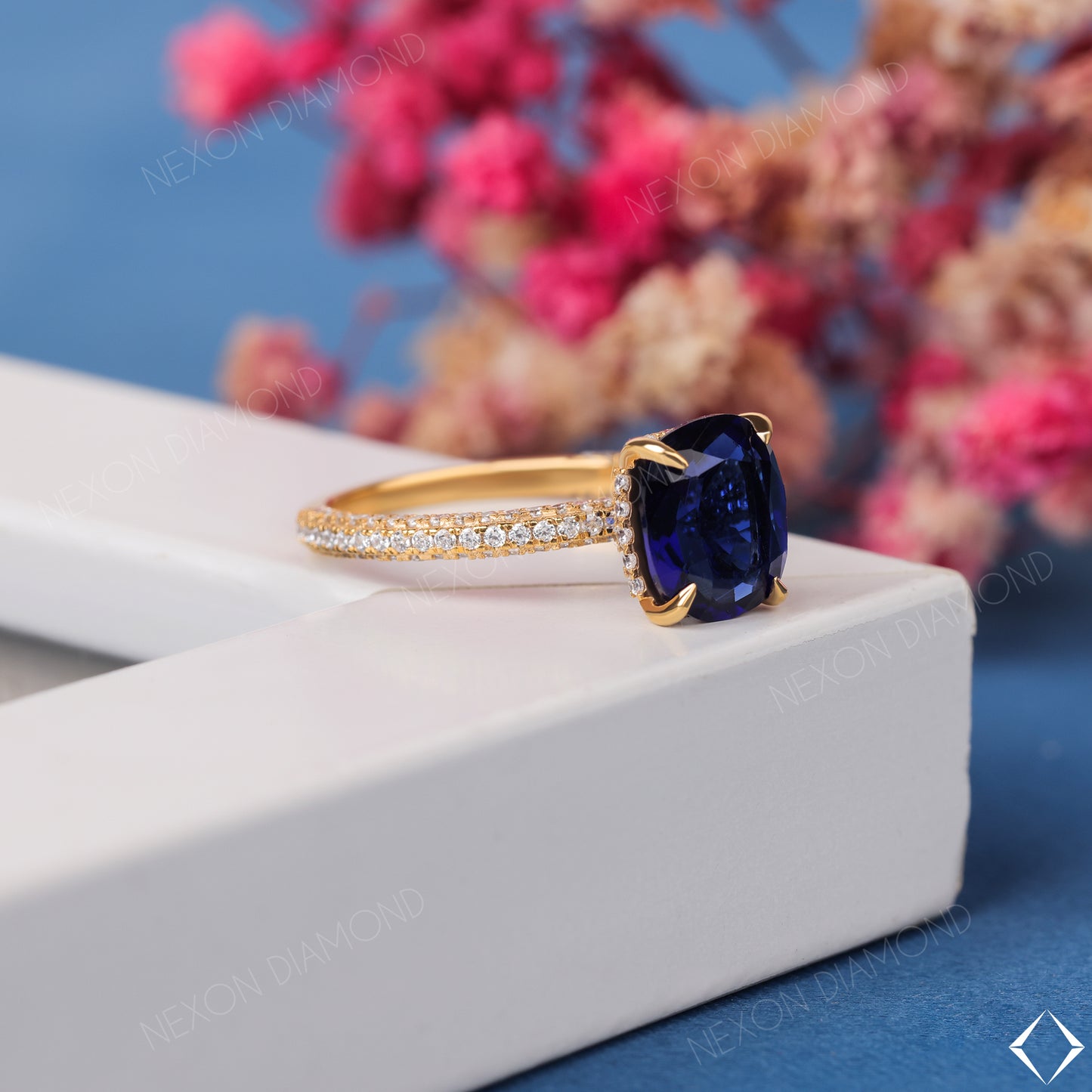 Elongated Cushion Cut Blue Sapphire Gemstone Hidden Halo Engagement Ring