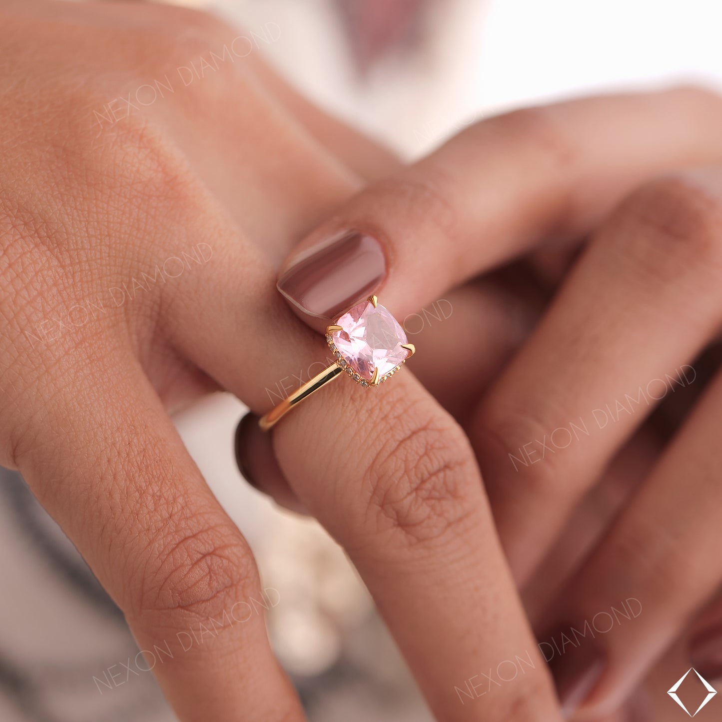 Pink Sapphire Cushion Cut Solitaire With Hidden Halo Engagement Ring