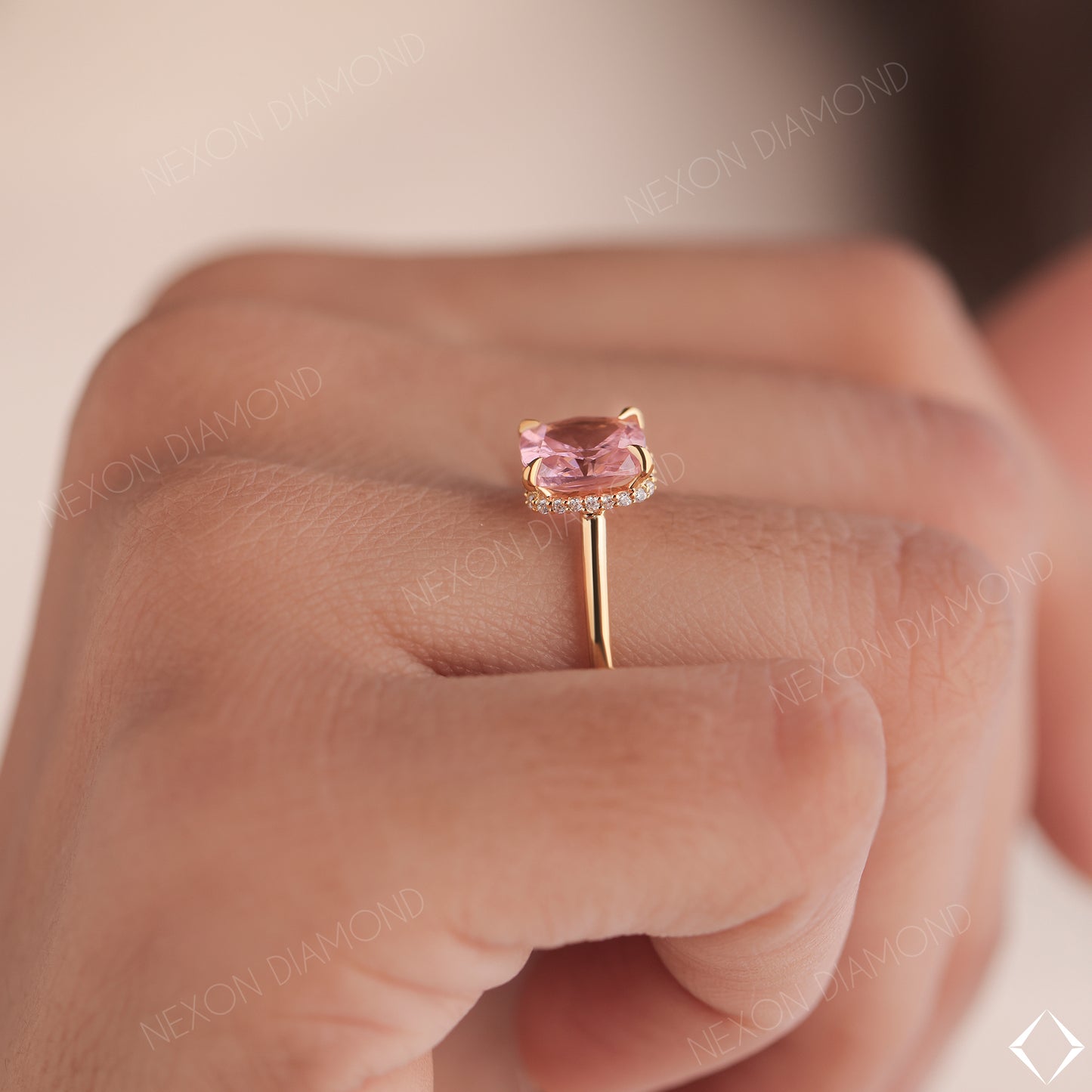 Pink Sapphire Cushion Cut Solitaire With Hidden Halo Engagement Ring