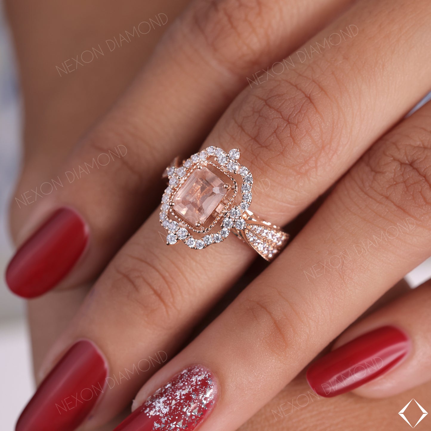 Vintage Style Emerald Cut Peach Morganite Gemstone Cluster Engagement Ring