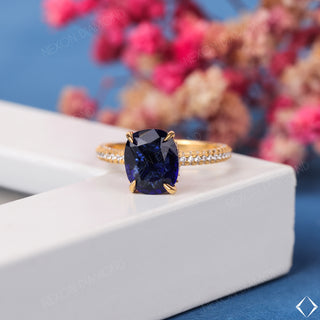 Elongated Cushion Cut Blue Sapphire Gemstone Hidden Halo Engagement Ring