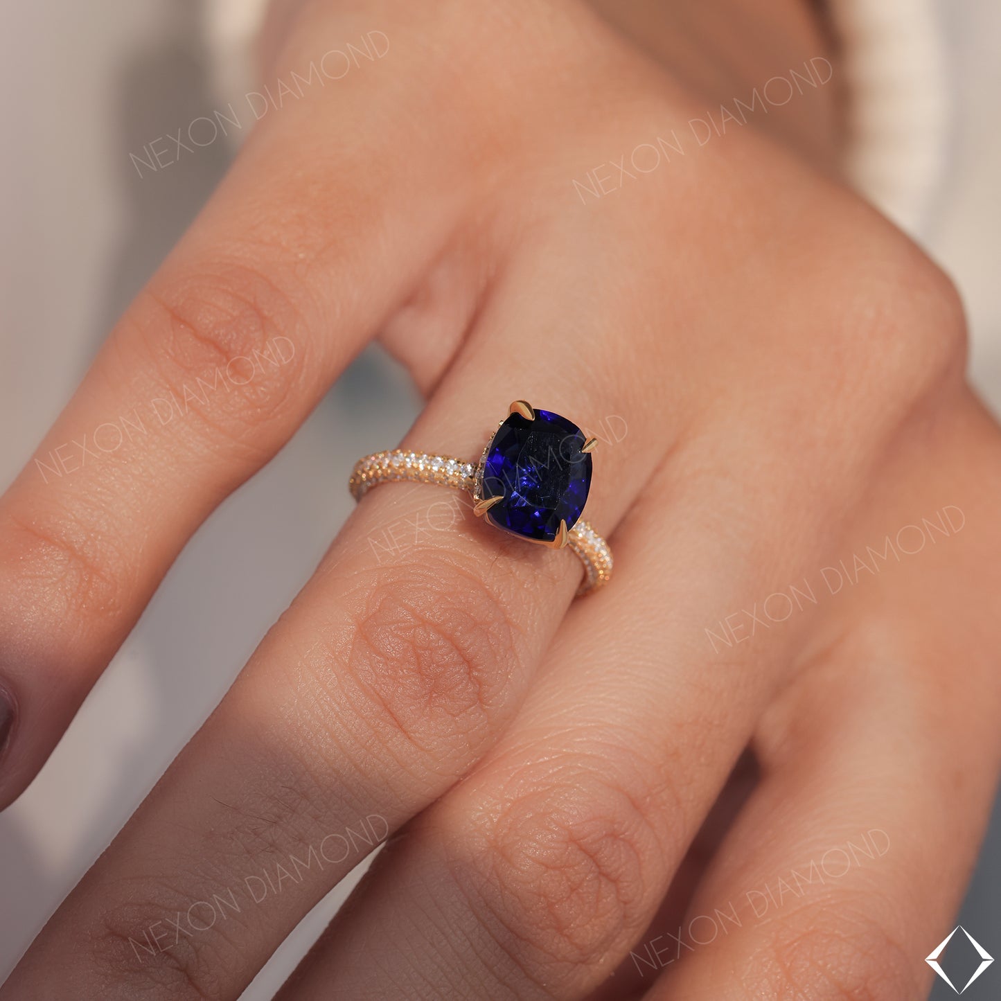 Elongated Cushion Cut Blue Sapphire Gemstone Hidden Halo Engagement Ring