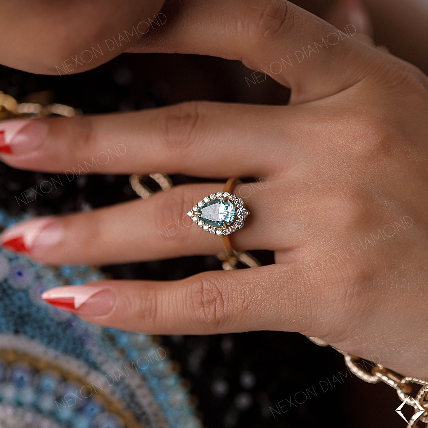 Stunning Pear Cut Sky Blue Aquamarine Gemstone Halo Engagement Ring