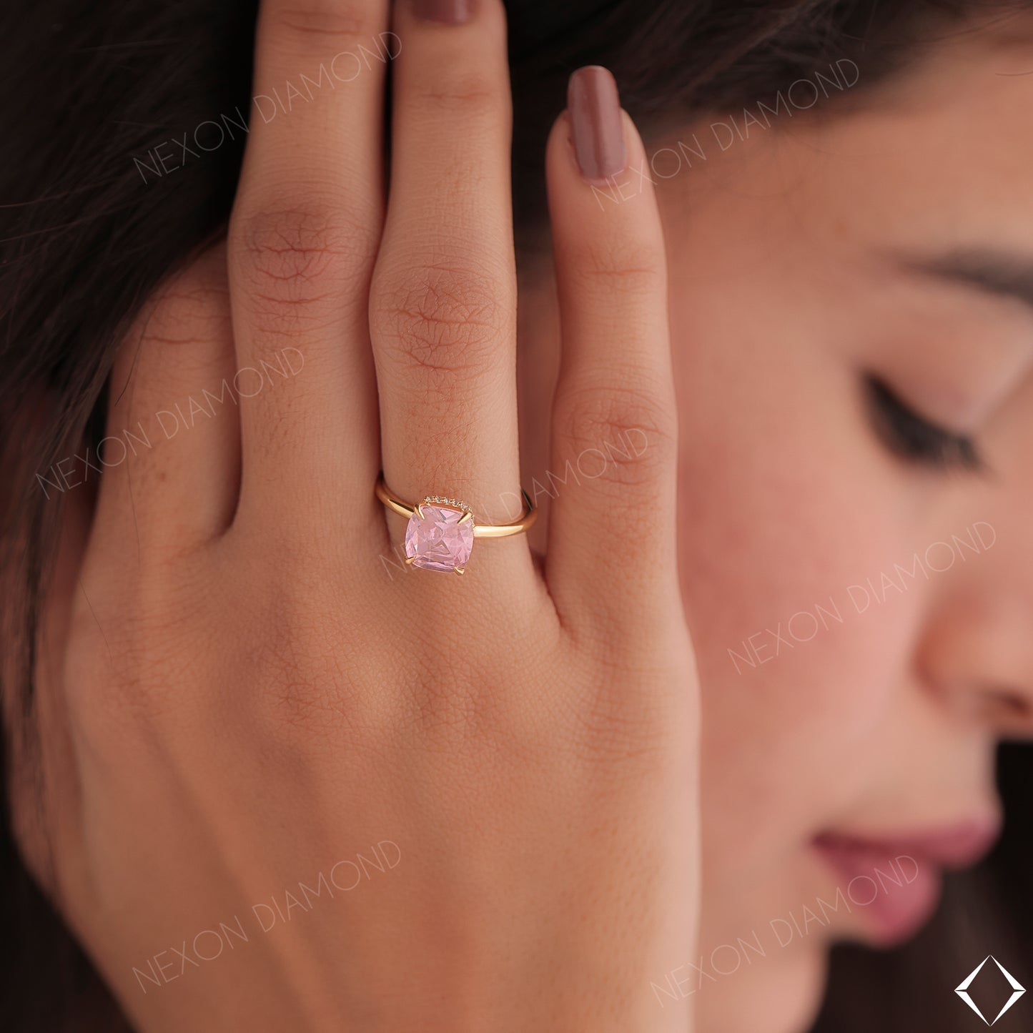 Pink Sapphire Cushion Cut Solitaire With Hidden Halo Engagement Ring