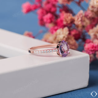 18K Solid Rose Gold Pear Cut Amethyst Gemstone Half Eternity Engagement Ring