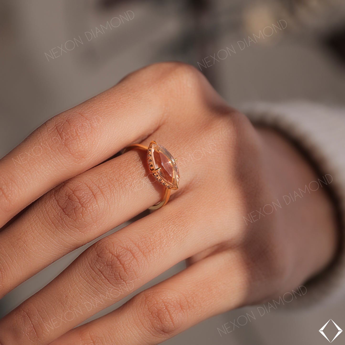 Horizontal Marquise Cut Morganite Gemstone With Hidden Halo Engagement Ring