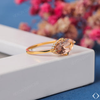 Horizontal Marquise Cut Morganite Gemstone With Hidden Halo Engagement Ring
