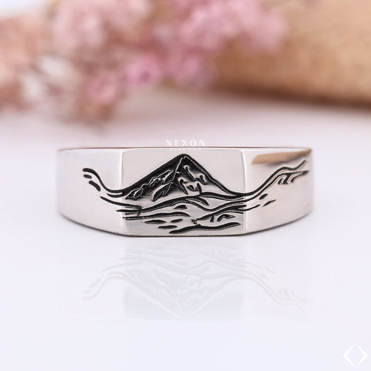 Sterling Silver Mountain Lover Ring, Mountain Engraving Ring, Men's Outdoors Ring Unisex Personalized Jewelry Silver Gothic Initial Ring