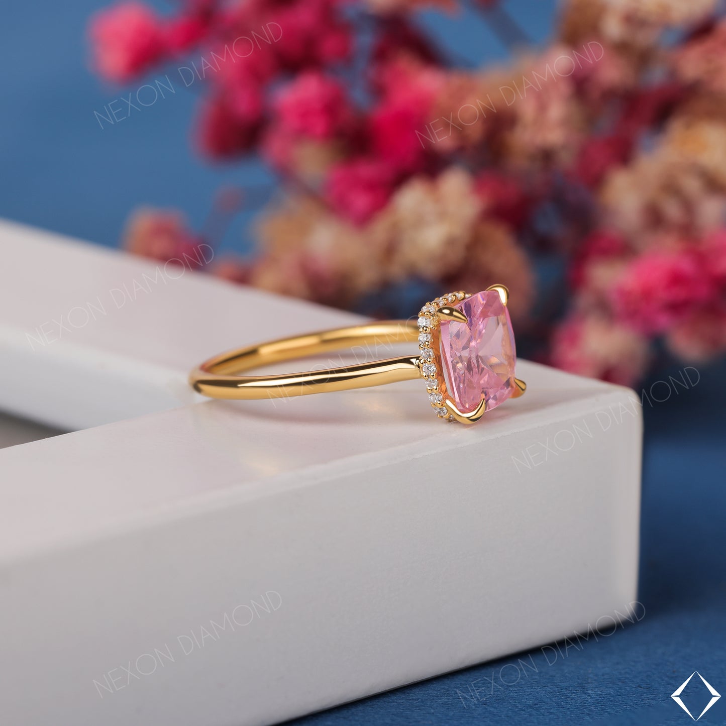 Pink Sapphire Cushion Cut Solitaire With Hidden Halo Engagement Ring