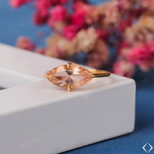 Horizontal Marquise Cut Morganite Gemstone With Hidden Halo Engagement Ring