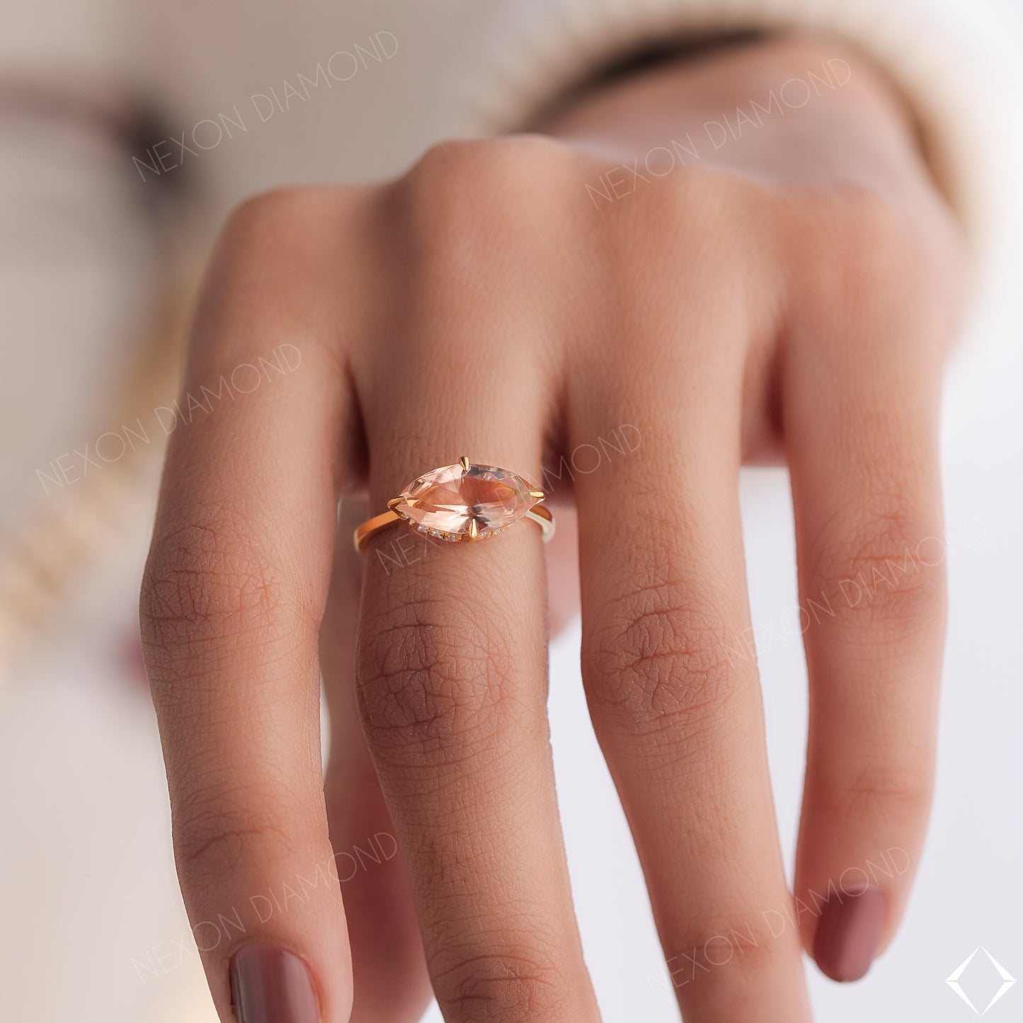 Horizontal Marquise Cut Morganite Gemstone With Hidden Halo Engagement Ring