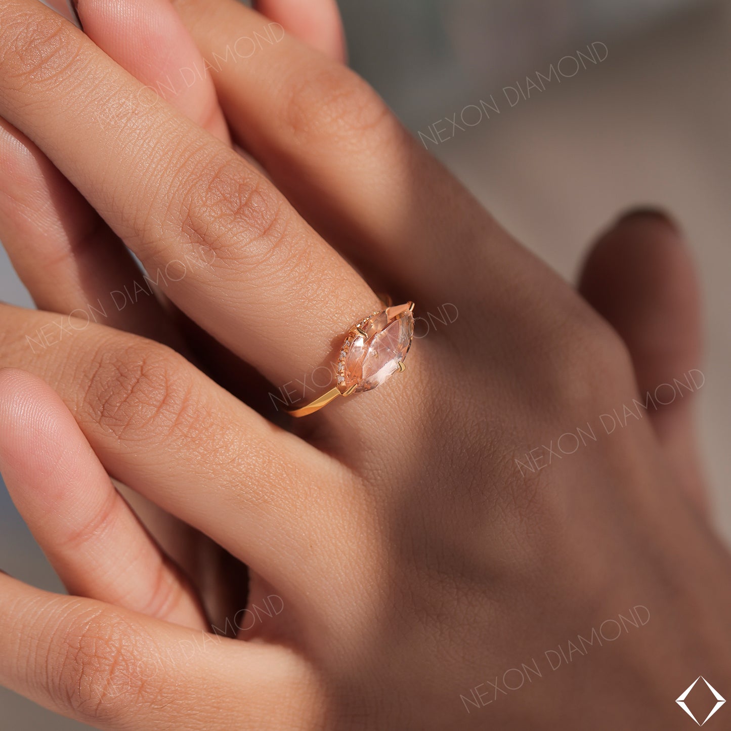 Horizontal Marquise Cut Morganite Gemstone With Hidden Halo Engagement Ring